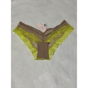 Victoria's Secret Lace Trim Mesh Thong Panty - Tan & Neon Yellow NWT Size XS